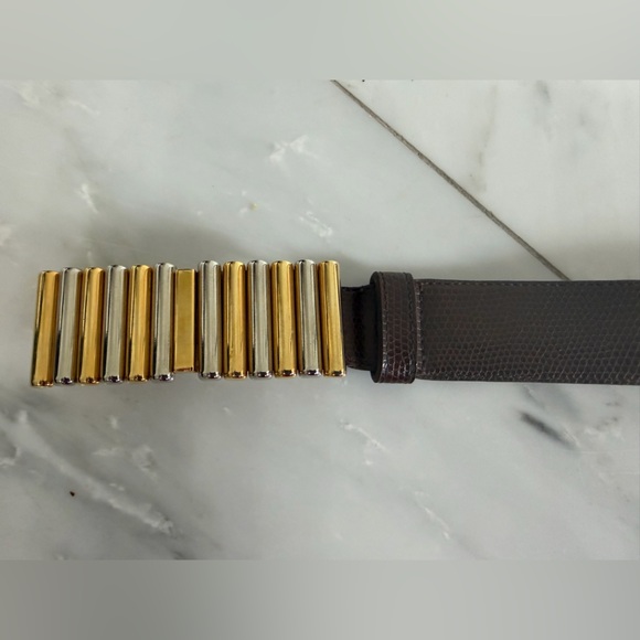 Emmanuel dark brown iguana lizard leather belt metallic buckle 33” long medium - Picture 4 of 10